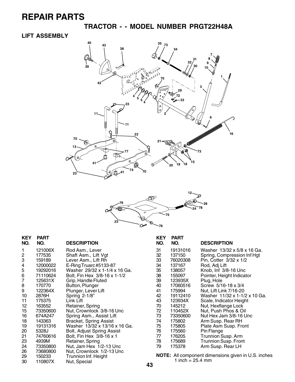 Repair parts, Tractor - - model number prgt22h48a, Lift assembly | Poulan 177925 User Manual | Page 43 / 52