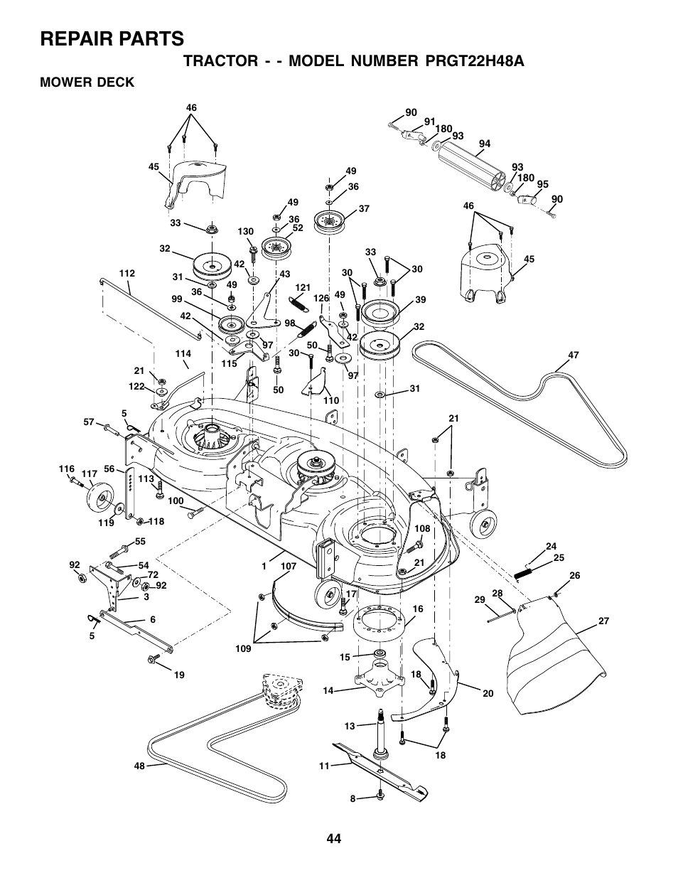 Repair parts, Tractor - - model number prgt22h48a, Mower deck | Poulan 177925 User Manual | Page 44 / 52