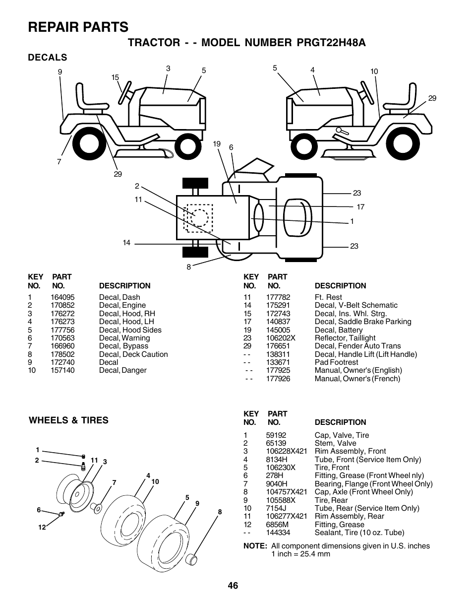 Repair parts, Tractor - - model number prgt22h48a | Poulan 177925 User Manual | Page 46 / 52