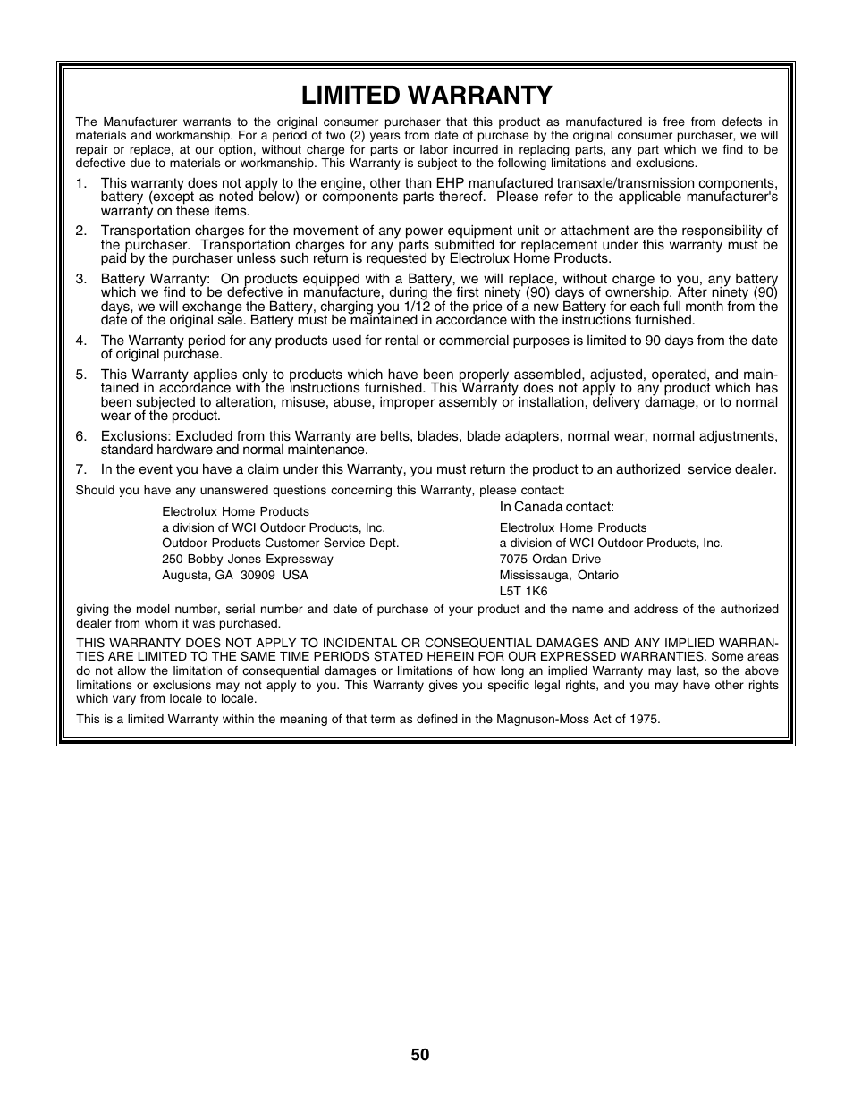 Limited warranty | Poulan 177925 User Manual | Page 50 / 52