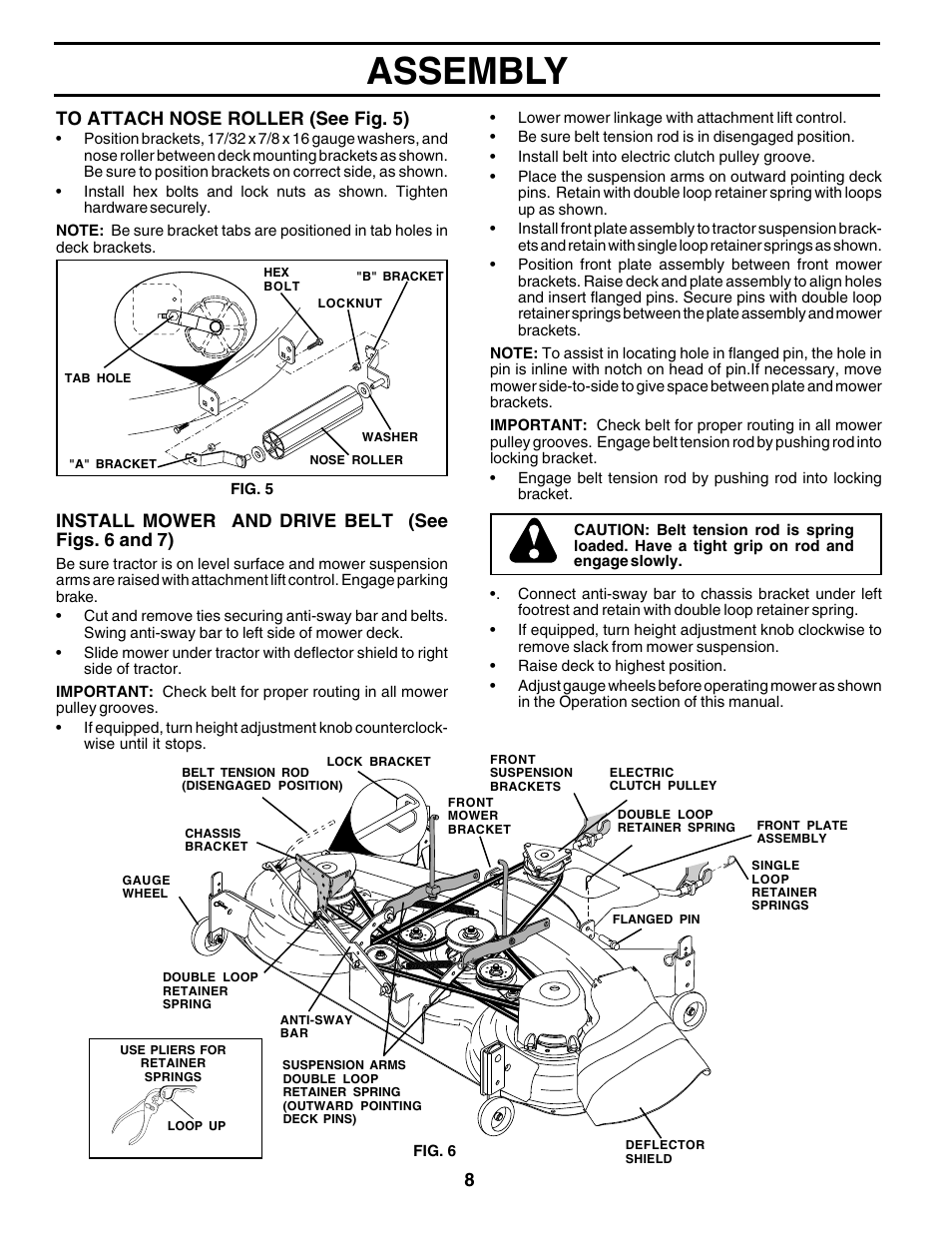 Assembly, Install mower and drive belt (see figs. 6 and 7) | Poulan 177925 User Manual | Page 8 / 52