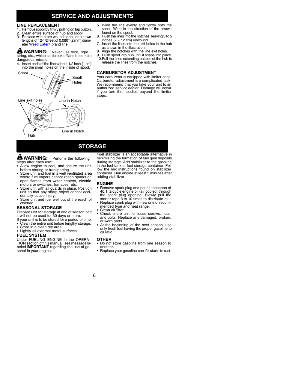 Service and adjustments, Storage | Poulan 25 HO SST User Manual | Page 8 / 11
