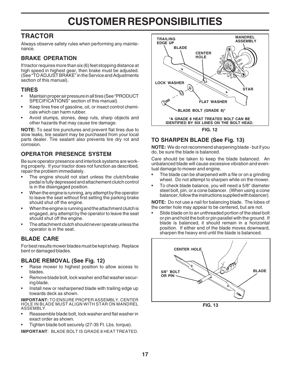 Customer responsibilities, Tractor | Poulan 183255 User Manual | Page 17 / 48