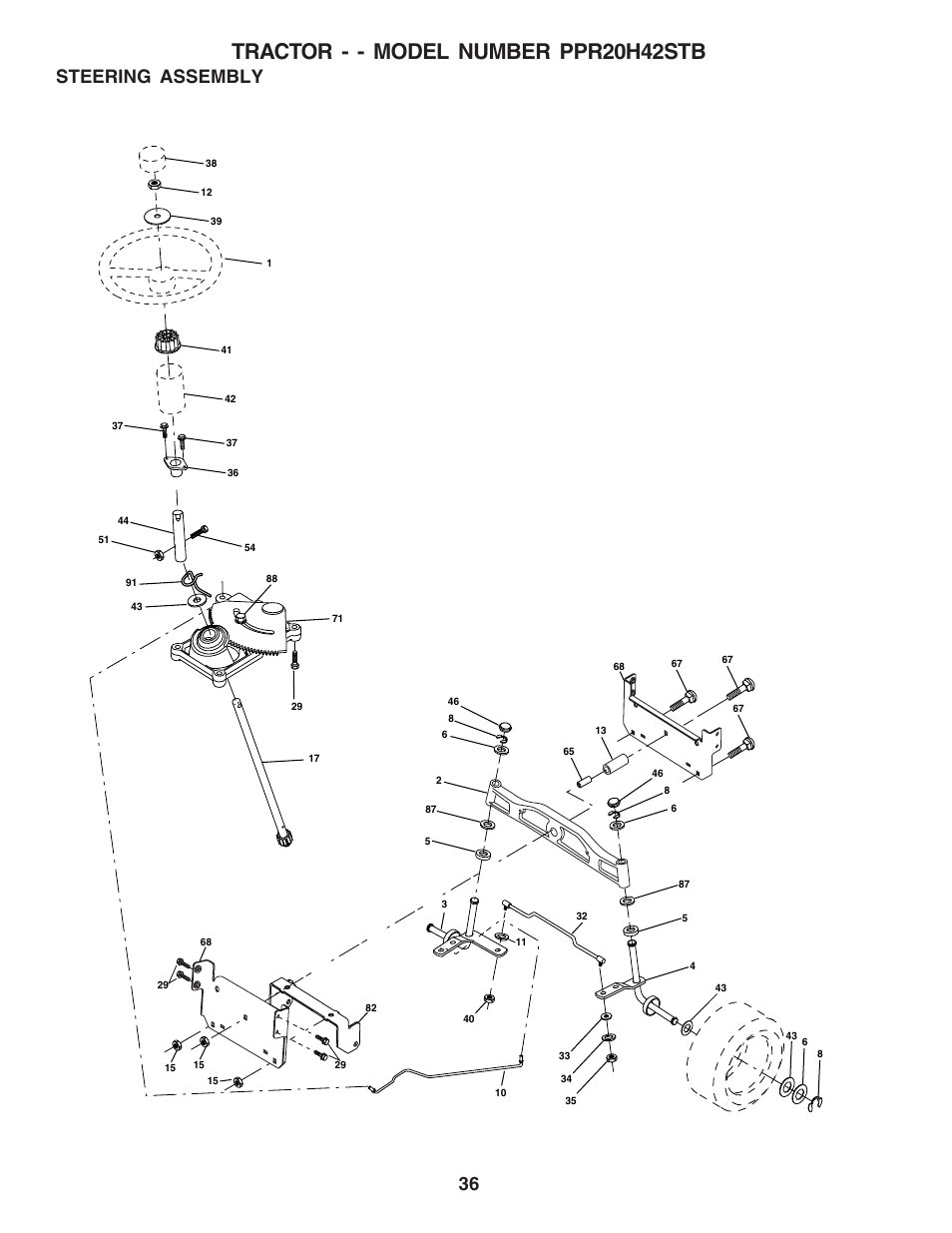Tractor - - model number ppr20h42stb, Steering assembly | Poulan 183255 User Manual | Page 36 / 48