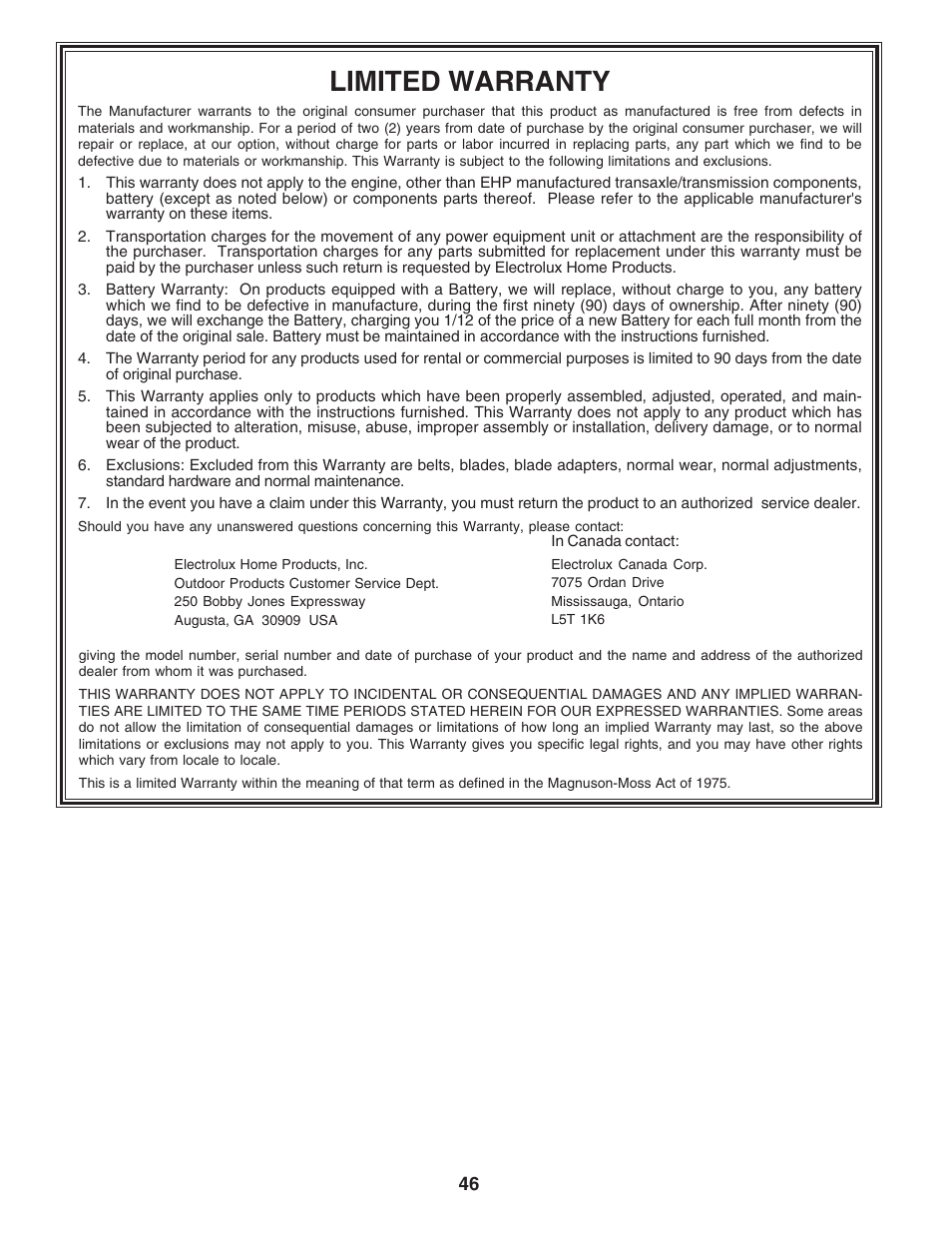 Limited warranty | Poulan 183255 User Manual | Page 46 / 48