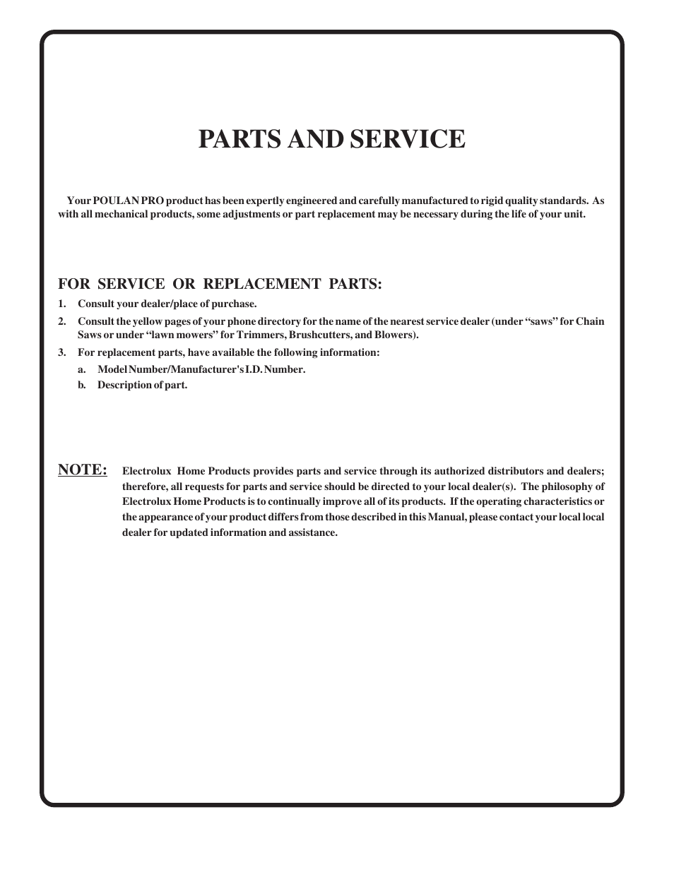 Parts and service, For service or replacement parts | Poulan 183255 User Manual | Page 48 / 48