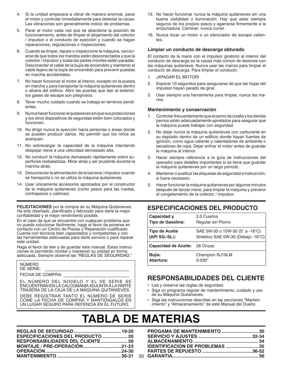 Tabla de materias, Responsabilidades del cliente, Especificaciones del producto | Poulan 96194000502 User Manual | Page 20 / 56