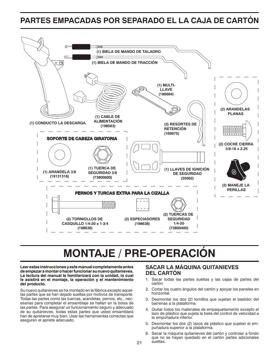 Montaje / pre-operación, Partes empacadas por separado el la caja de cartón, Sacar la máquina quitanieves del cartón | Poulan 96194000502 User Manual | Page 21 / 56