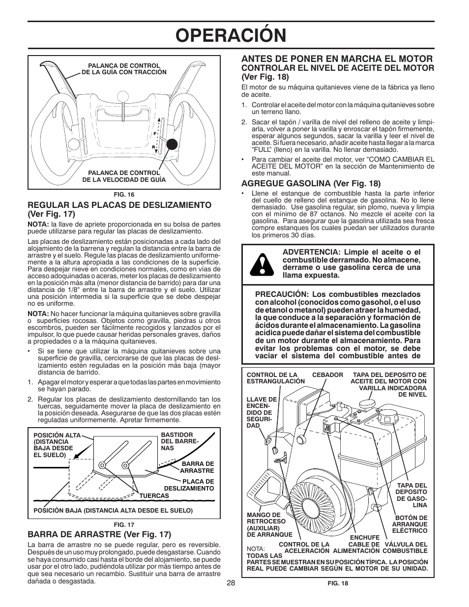 Operación, Antes de poner en marcha el motor | Poulan 96194000502 User Manual | Page 28 / 56