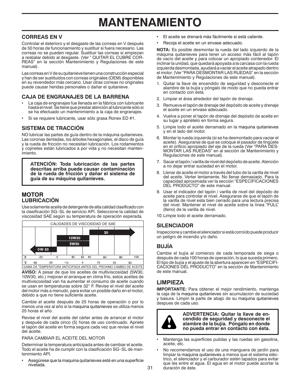 Mantenamiento, Motor, Limpieza | Poulan 96194000502 User Manual | Page 31 / 56