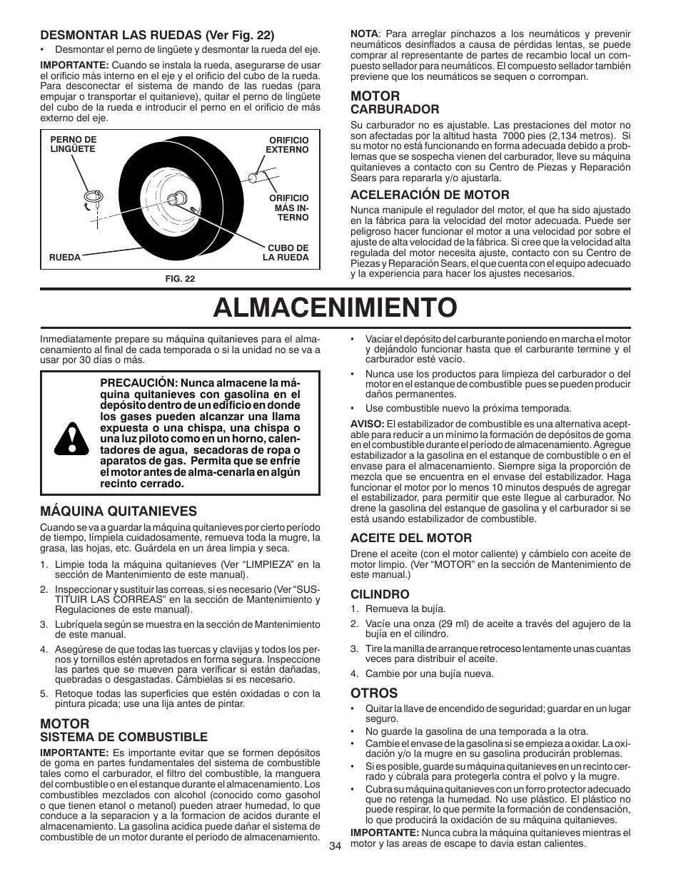 Almacenimiento, Motor, Máquina quitanieves | Otros | Poulan 96194000502 User Manual | Page 34 / 56