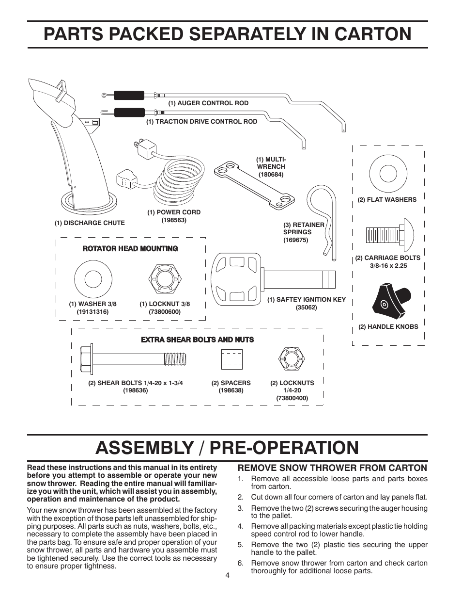 Parts packed separately in carton, Assembly / pre-operation, Remove snow thrower from car ton | Poulan 96194000502 User Manual | Page 4 / 56