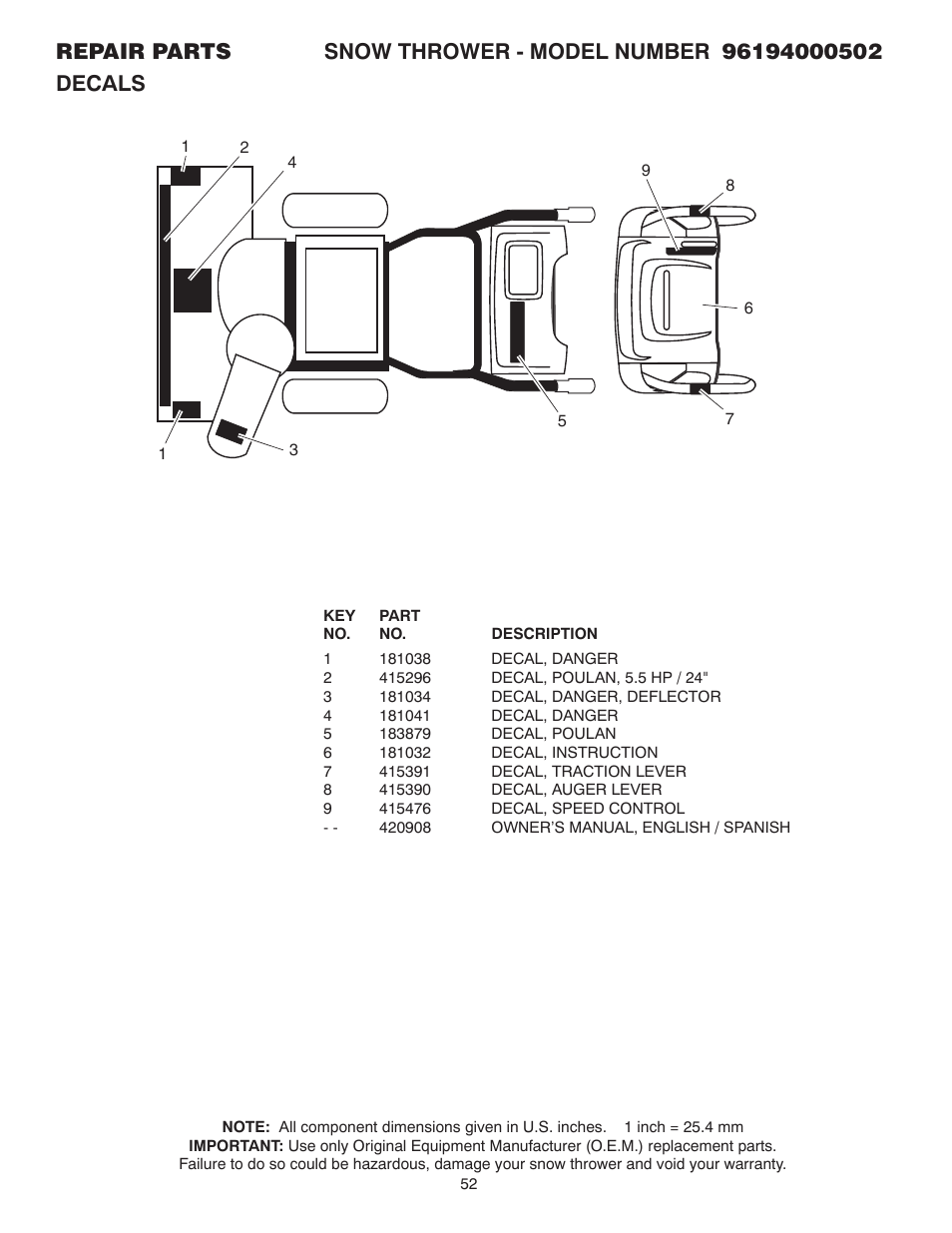 Poulan 96194000502 User Manual | Page 52 / 56