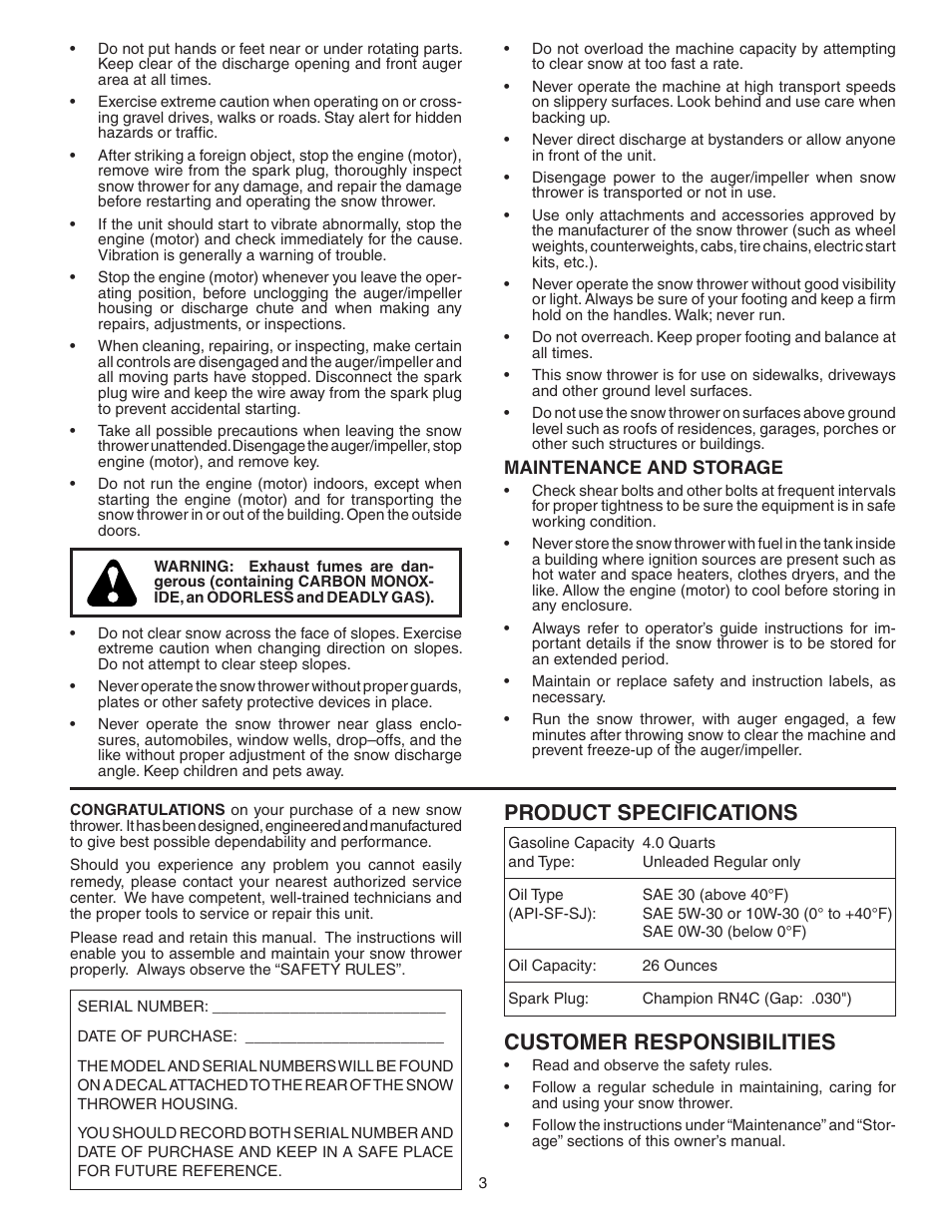 Product specifications, Customer responsibilities | Poulan 188047 User Manual | Page 3 / 20