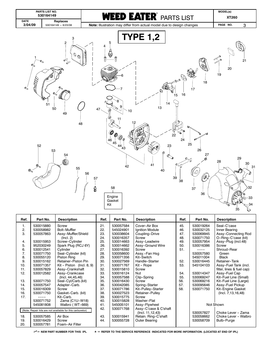 Engine, Type 1,2, Poulan parts list | Poulan pro parts list paramount parts list, Parts list | Poulan 530164149 User Manual | Page 3 / 3