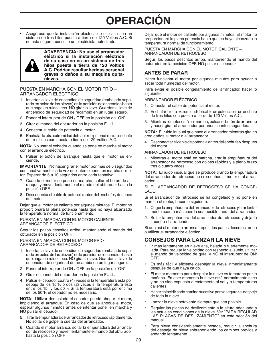 Operación, Consejos para lanzar la nieve | Poulan 96194000506 User Manual | Page 29 / 56