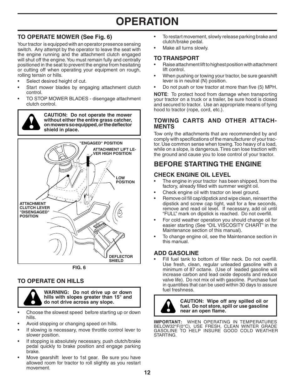 Operation, Before starting the engine | Poulan 192666 User Manual | Page 12 / 28