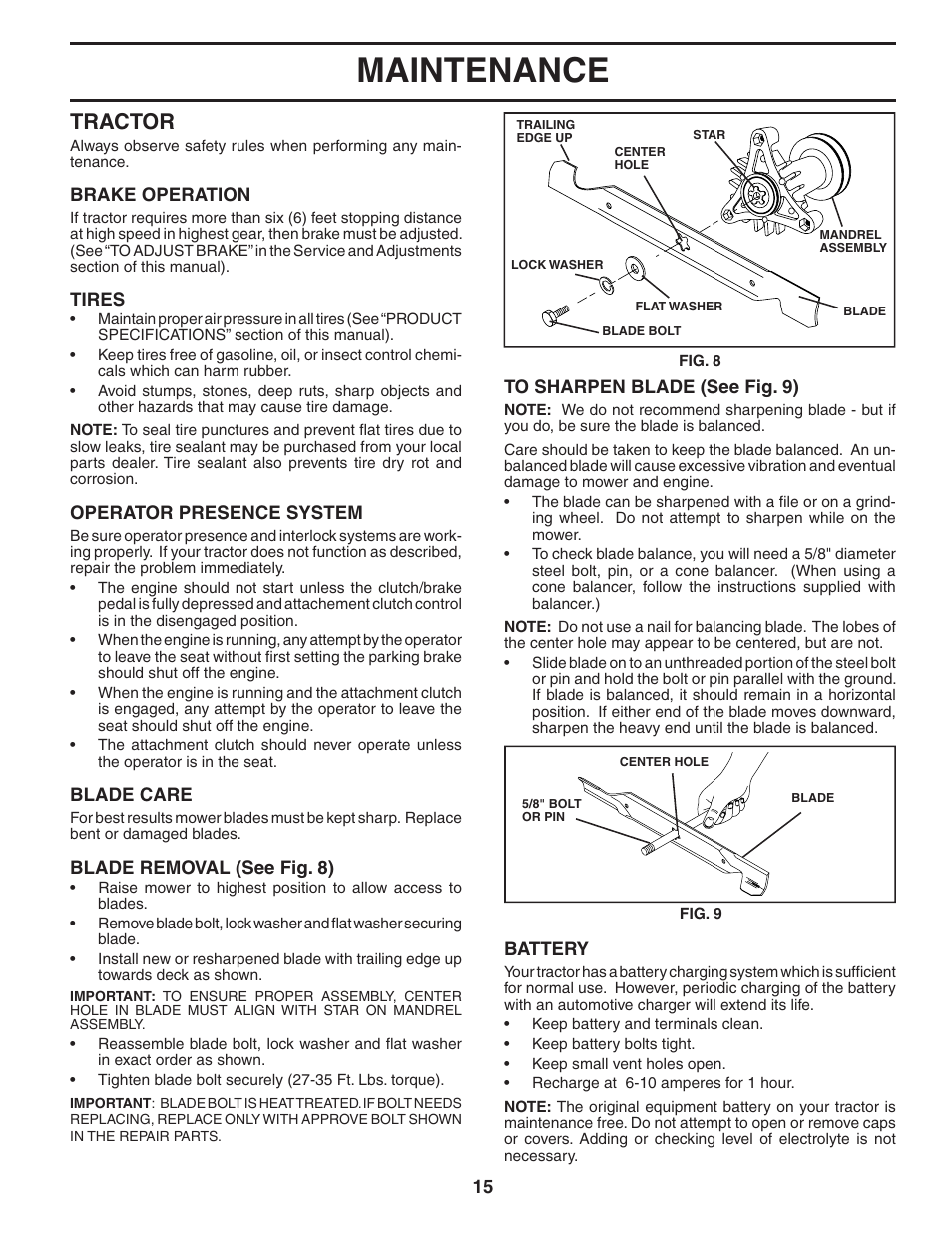 Maintenance, Tractor | Poulan 192666 User Manual | Page 15 / 28