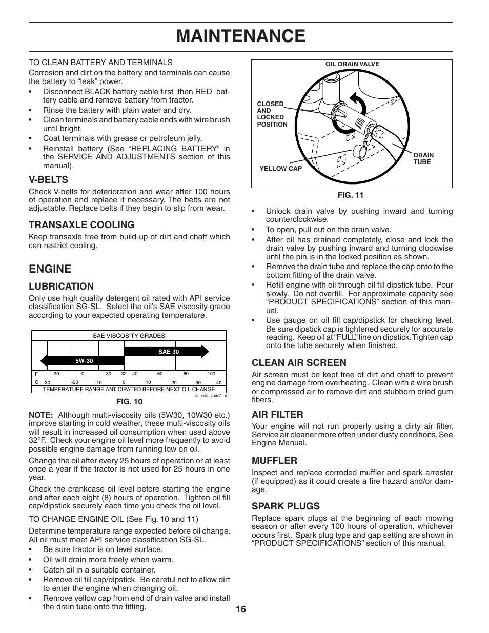 Maintenance, Engine, 16 clean air screen | Lubrication, V-belts, Transaxle cooling, Air filter, Muffler, Spark plugs | Poulan 192666 User Manual | Page 16 / 28