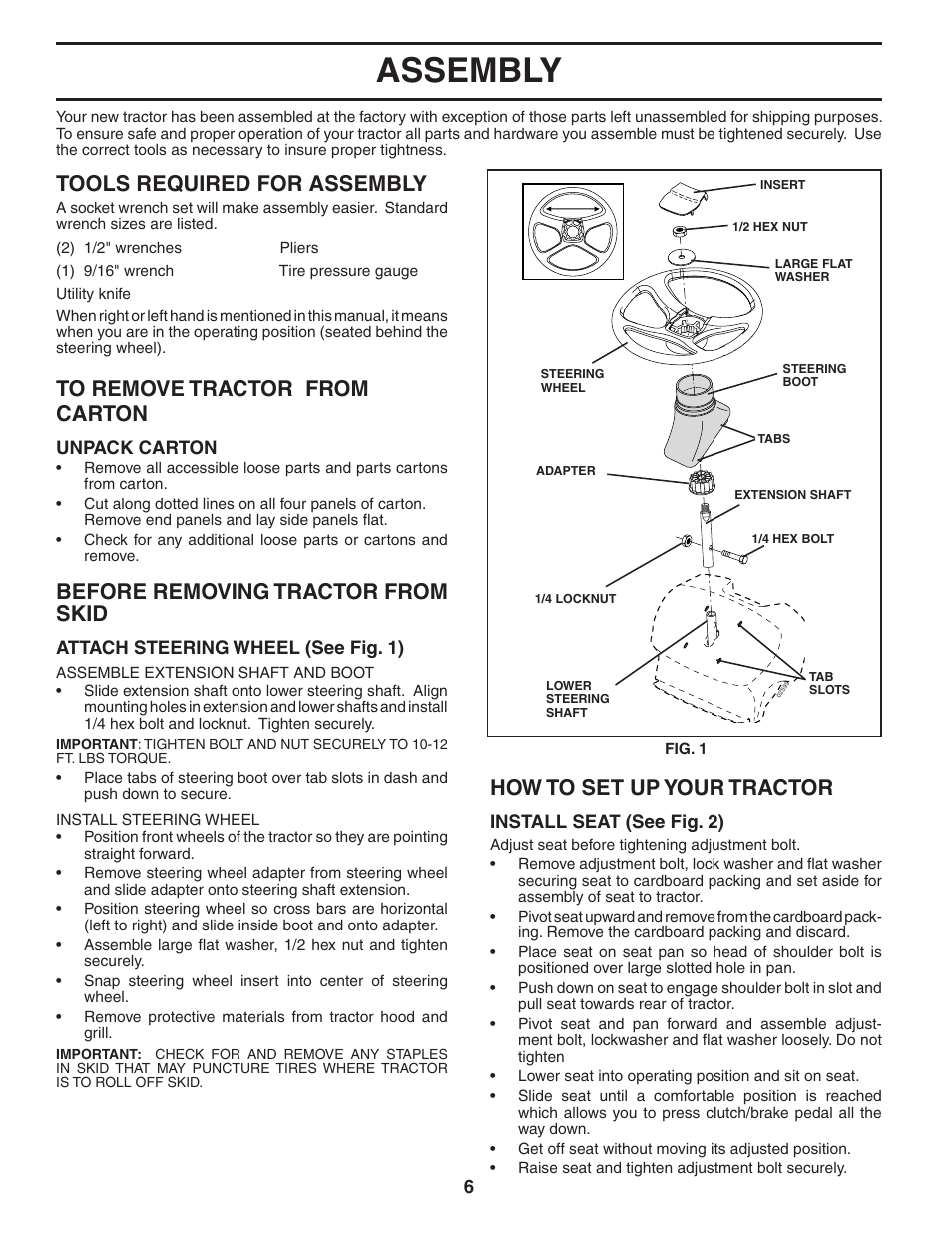 Assembly, How to set up your tractor, Tools required for assembly | Before removing tractor from skid | Poulan 192666 User Manual | Page 6 / 28