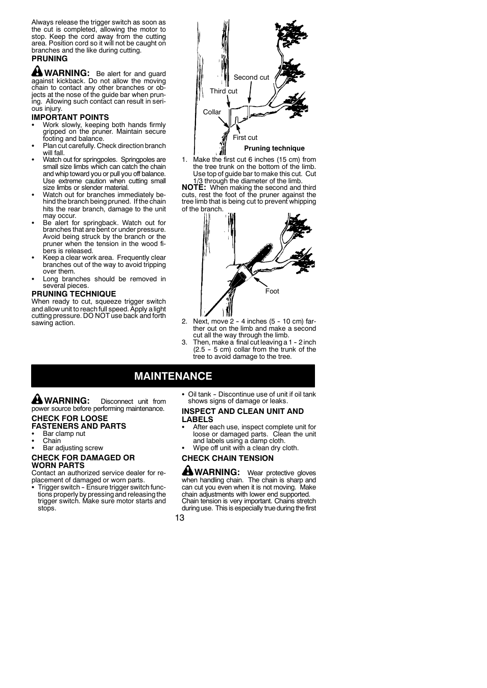 Maintenance, Warning | Poulan 810 EP User Manual | Page 13 / 17