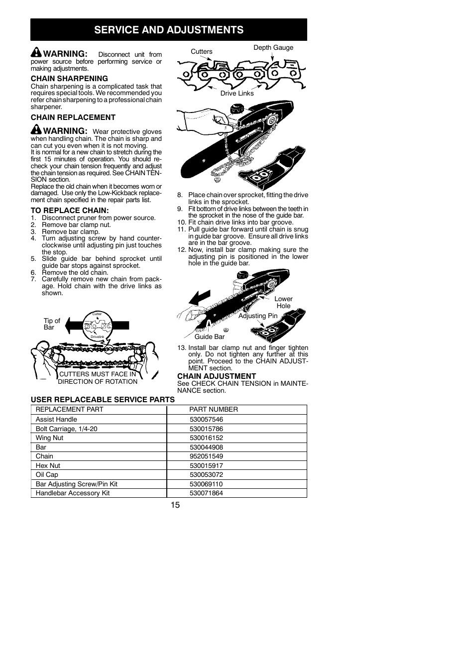 Service and adjustments, Warning | Poulan 810 EP User Manual | Page 15 / 17