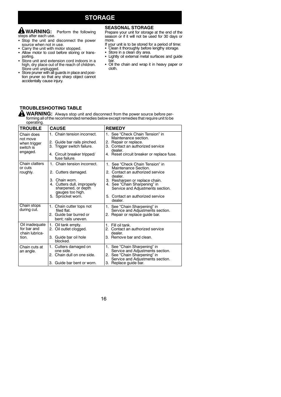 Storage, Warning | Poulan 810 EP User Manual | Page 16 / 17