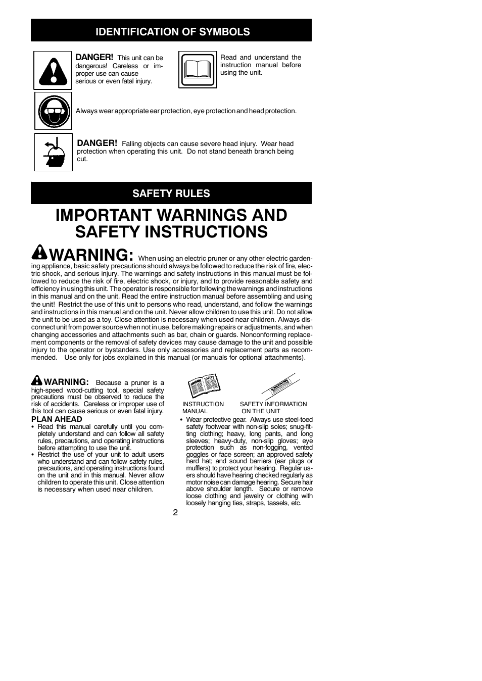 Important warnings and safety instructions warning, Identification of symbols, Safety rules | Poulan 810 EP User Manual | Page 2 / 17