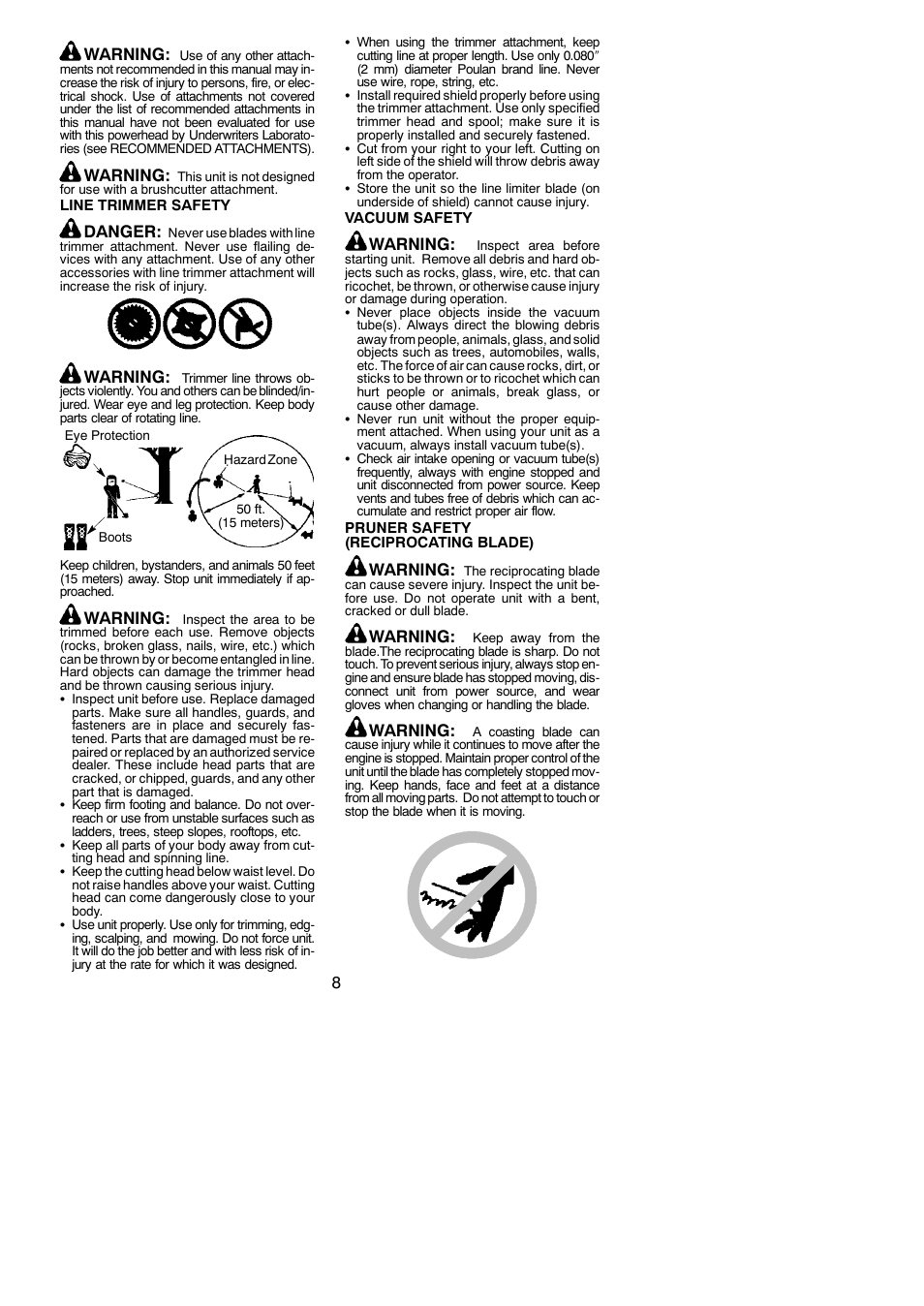 8warning, Warning, Danger | Poulan 810 EP User Manual | Page 8 / 17