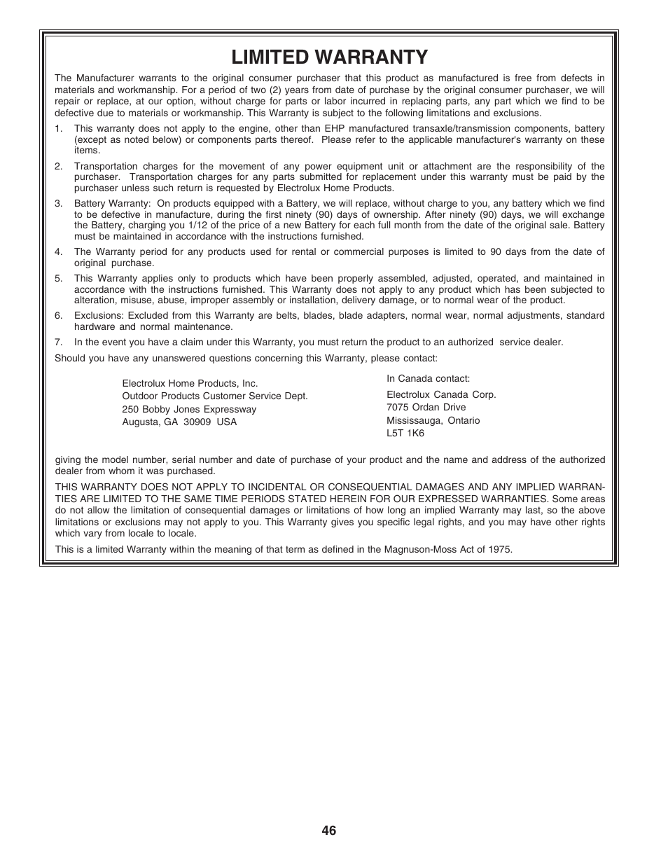 Limited warranty | Poulan 183113 User Manual | Page 46 / 48