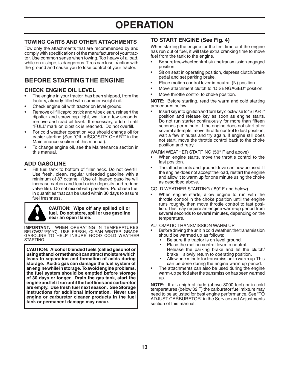 Operation, Before starting the engine | Poulan 186892 User Manual | Page 13 / 44
