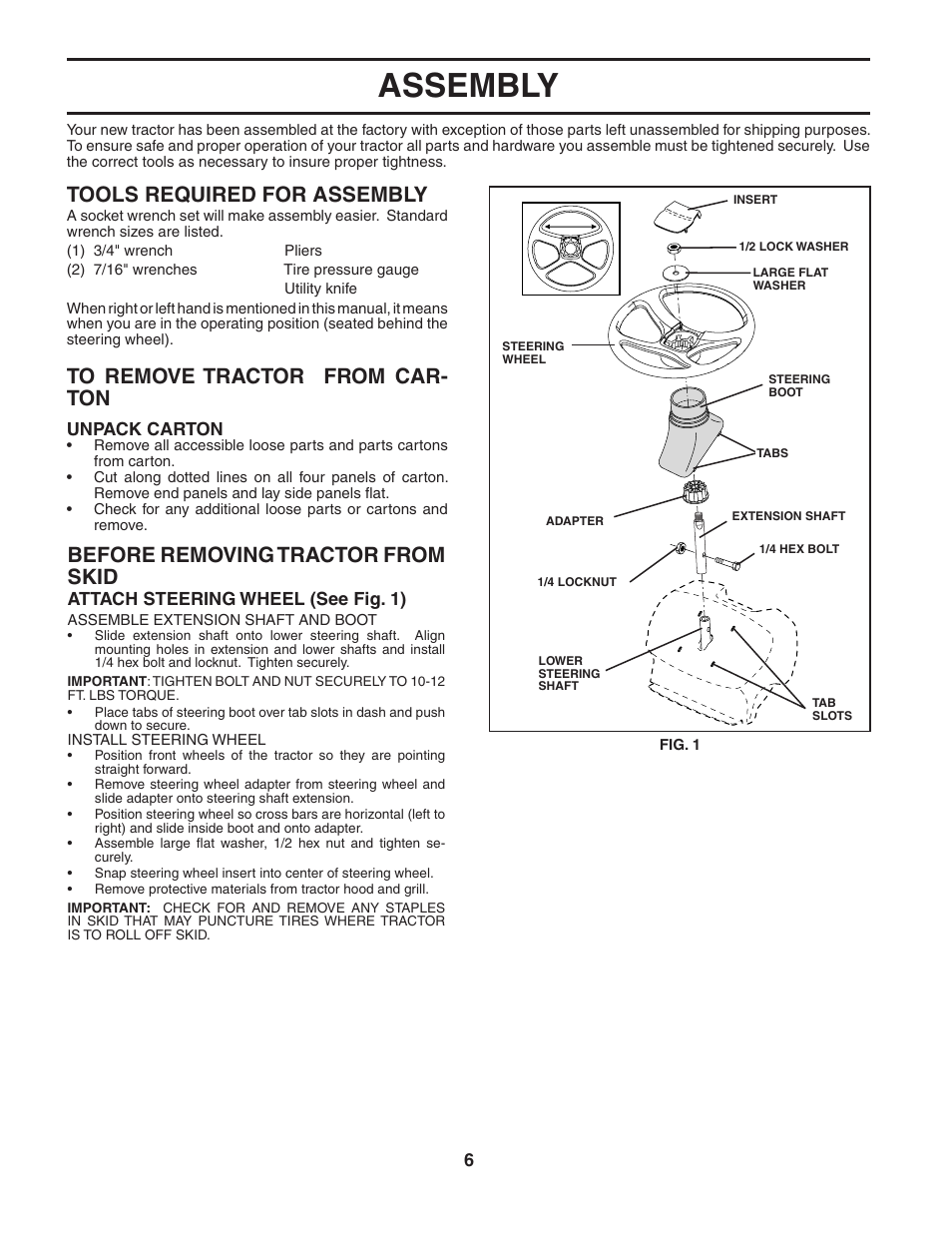 Assembly, Tools required for assembly, Before removing tractor from skid | Poulan 186892 User Manual | Page 6 / 44