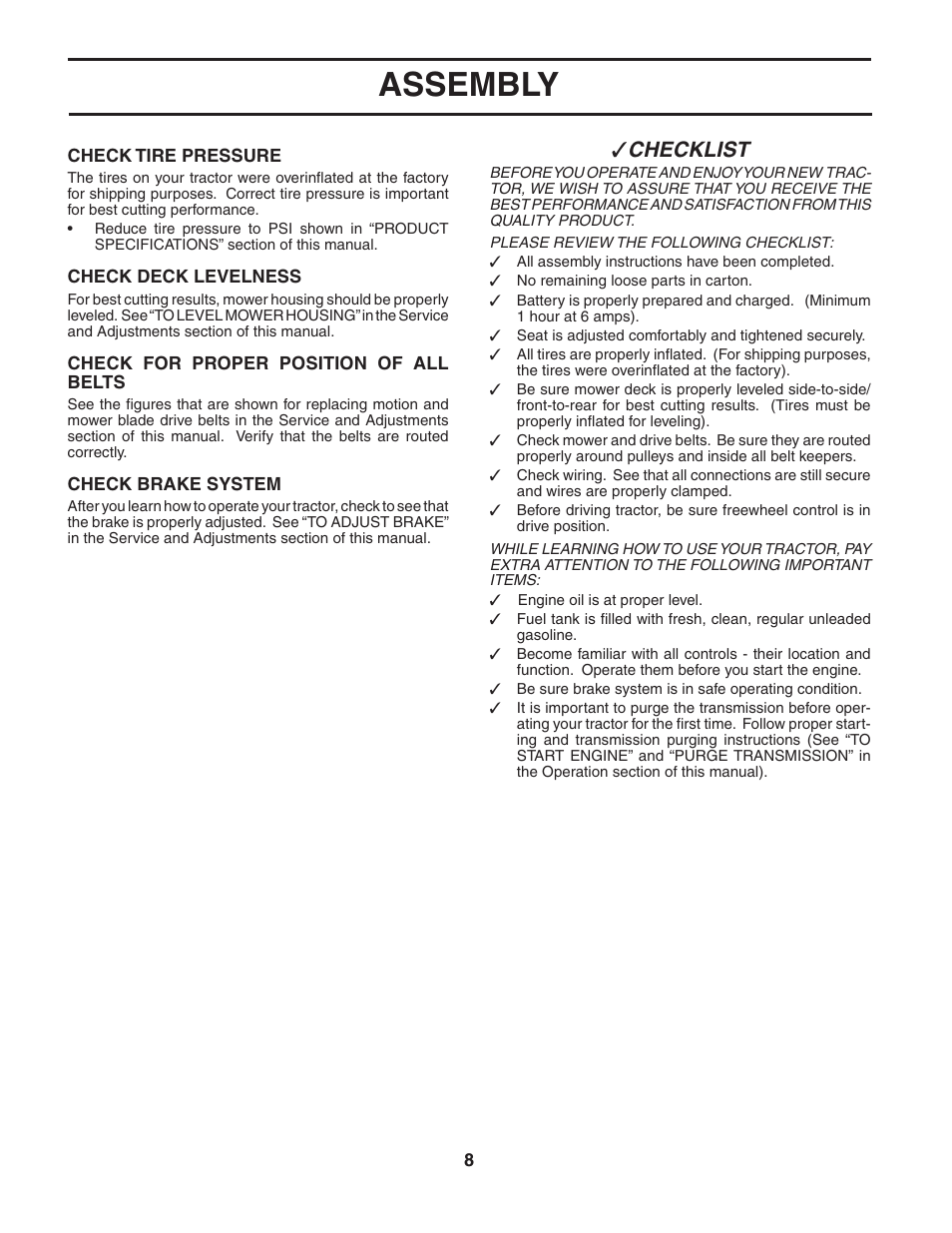 Assembly, Che cklist | Poulan 186892 User Manual | Page 8 / 44