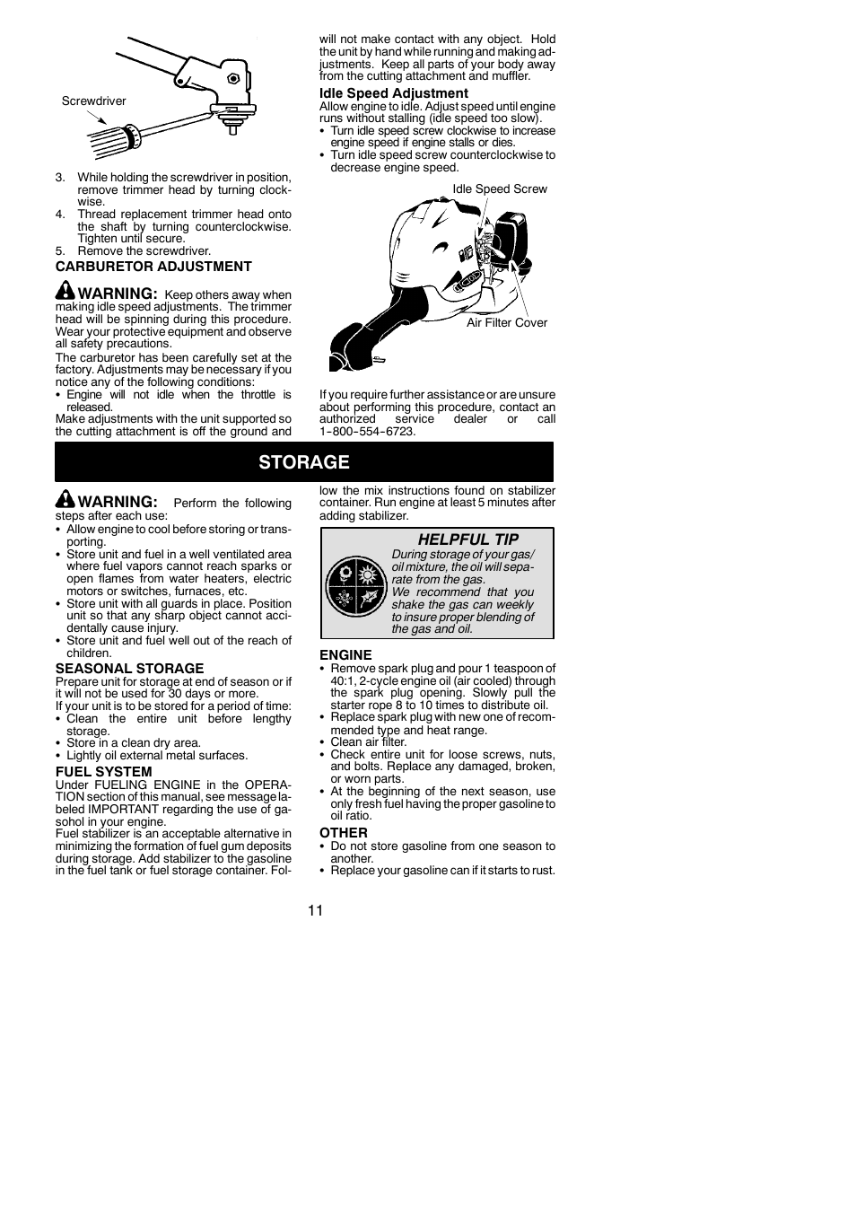 Storage, Warning, Helpful tip | Poulan 545154719 User Manual | Page 11 / 14
