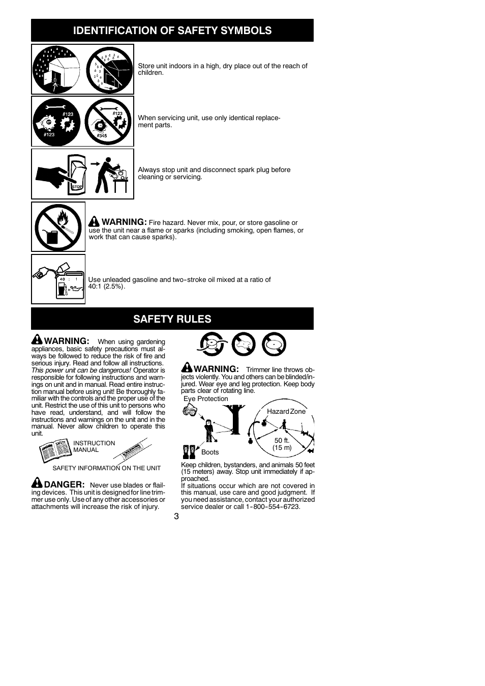 Identification of safety symbols, Safety rules, Warning | Danger | Poulan 545154719 User Manual | Page 3 / 14