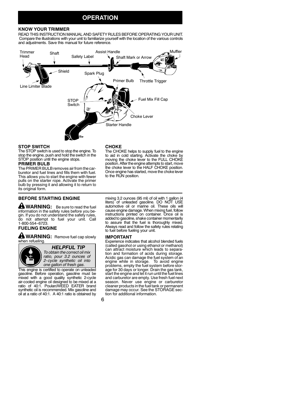 Operation, Warning, Helpful tip | Poulan 545154719 User Manual | Page 6 / 14