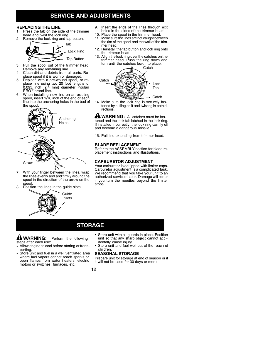 Service and adjustments, Storage | Poulan 331 User Manual | Page 12 / 15