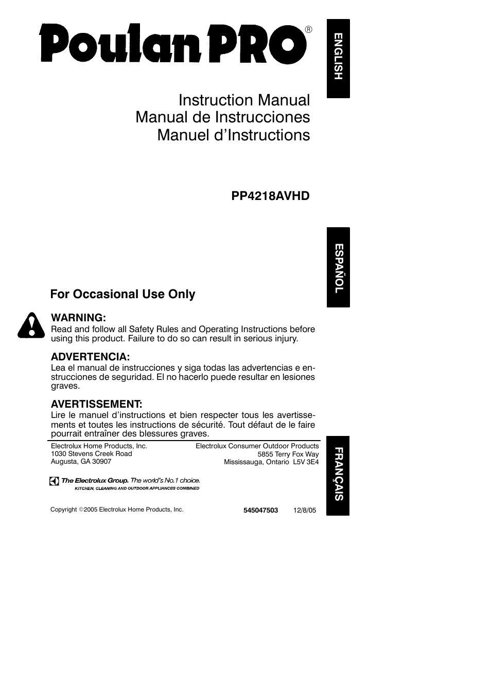 Poulan Pro PP4218AVHD User Manual | 19 pages