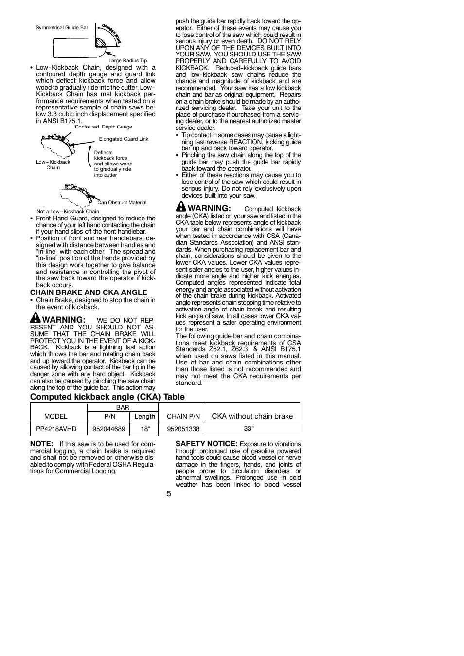 Warning, Computed kickback angle (cka) table | Poulan Pro PP4218AVHD User Manual | Page 5 / 19