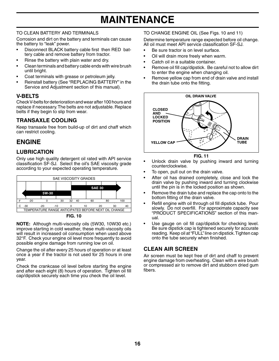 Maintenance, Engine, V-belts | Transaxle cooling, Lubrication, Clean air screen | Poulan 190781 User Manual | Page 16 / 27