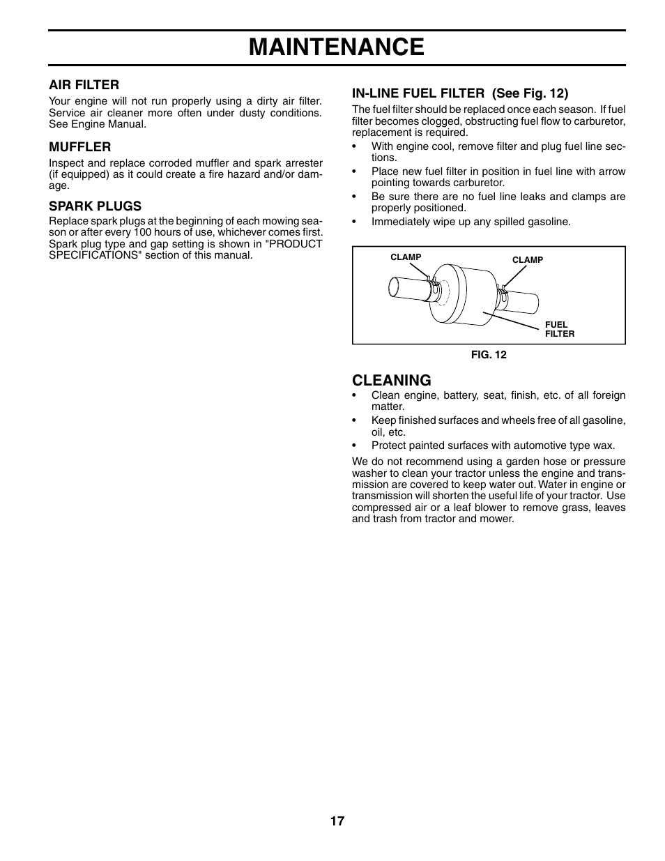 Maintenance, Cleaning | Poulan 190781 User Manual | Page 17 / 27