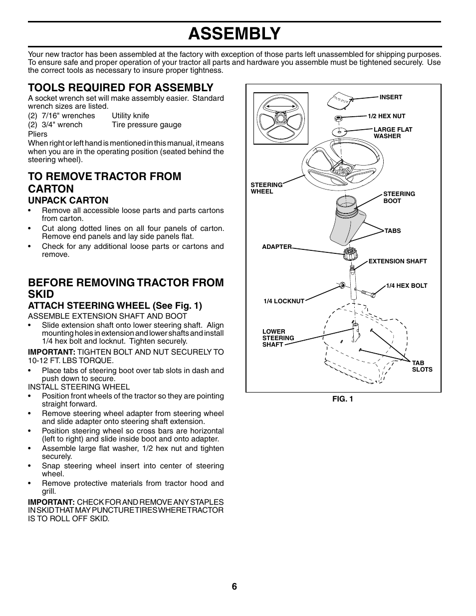 Assembly, Tools required for assembly, Before removing tractor from skid | Poulan 190781 User Manual | Page 6 / 27