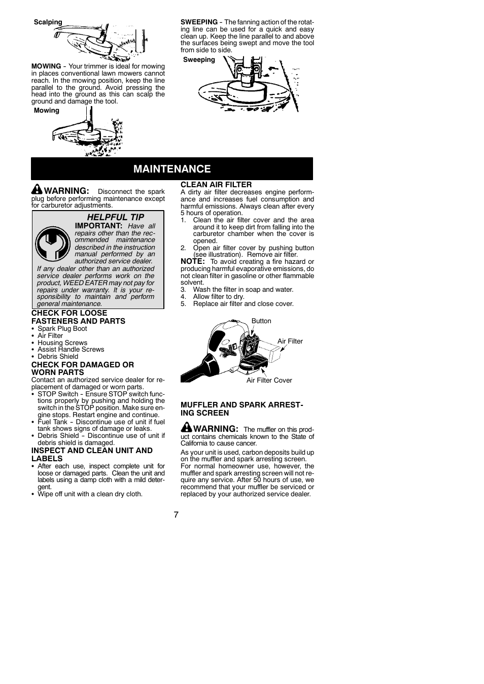 Maintenance, Warning, Helpful tip | Poulan FL26 User Manual | Page 7 / 12