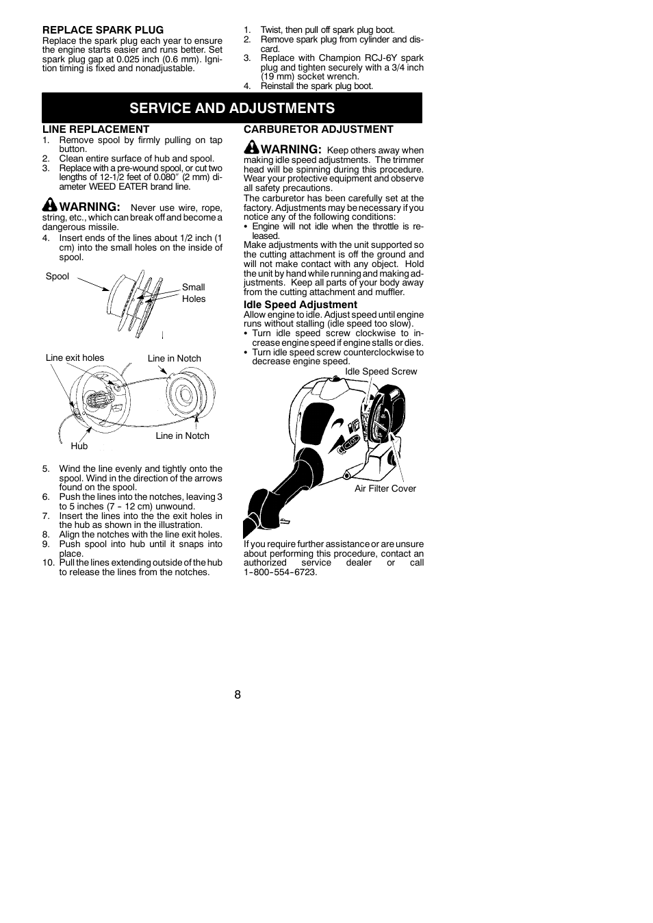Service and adjustments, Warning | Poulan FL26 User Manual | Page 8 / 12