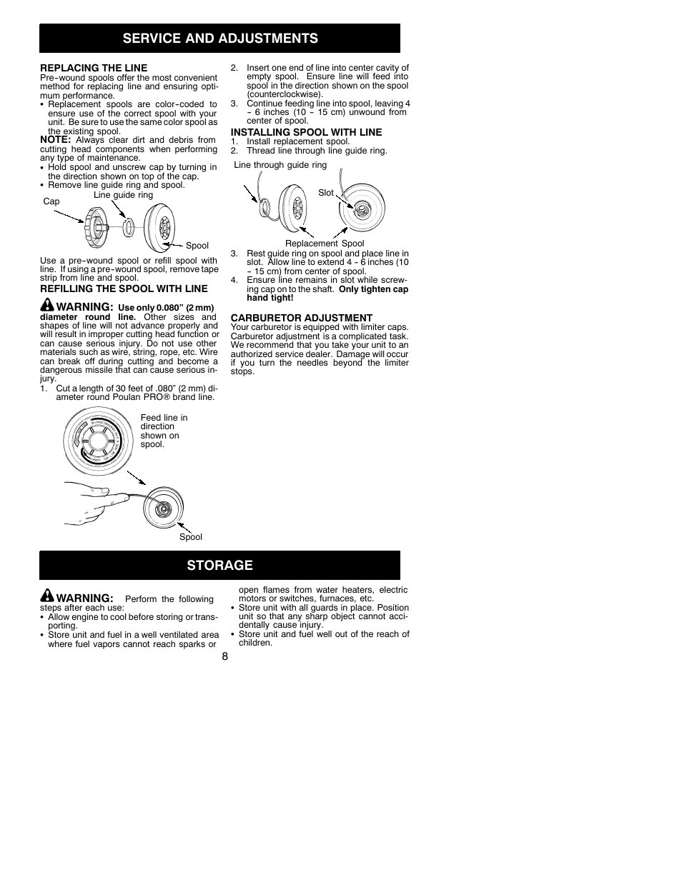 Service and adjustments, Storage | Poulan 530088147 User Manual | Page 8 / 11