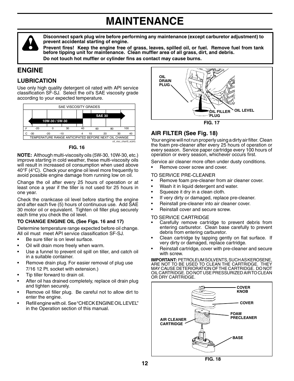 Maintenance, Engine, Lubrication | Air filter (see fig. 18) | Poulan PRRT65C User Manual | Page 12 / 28