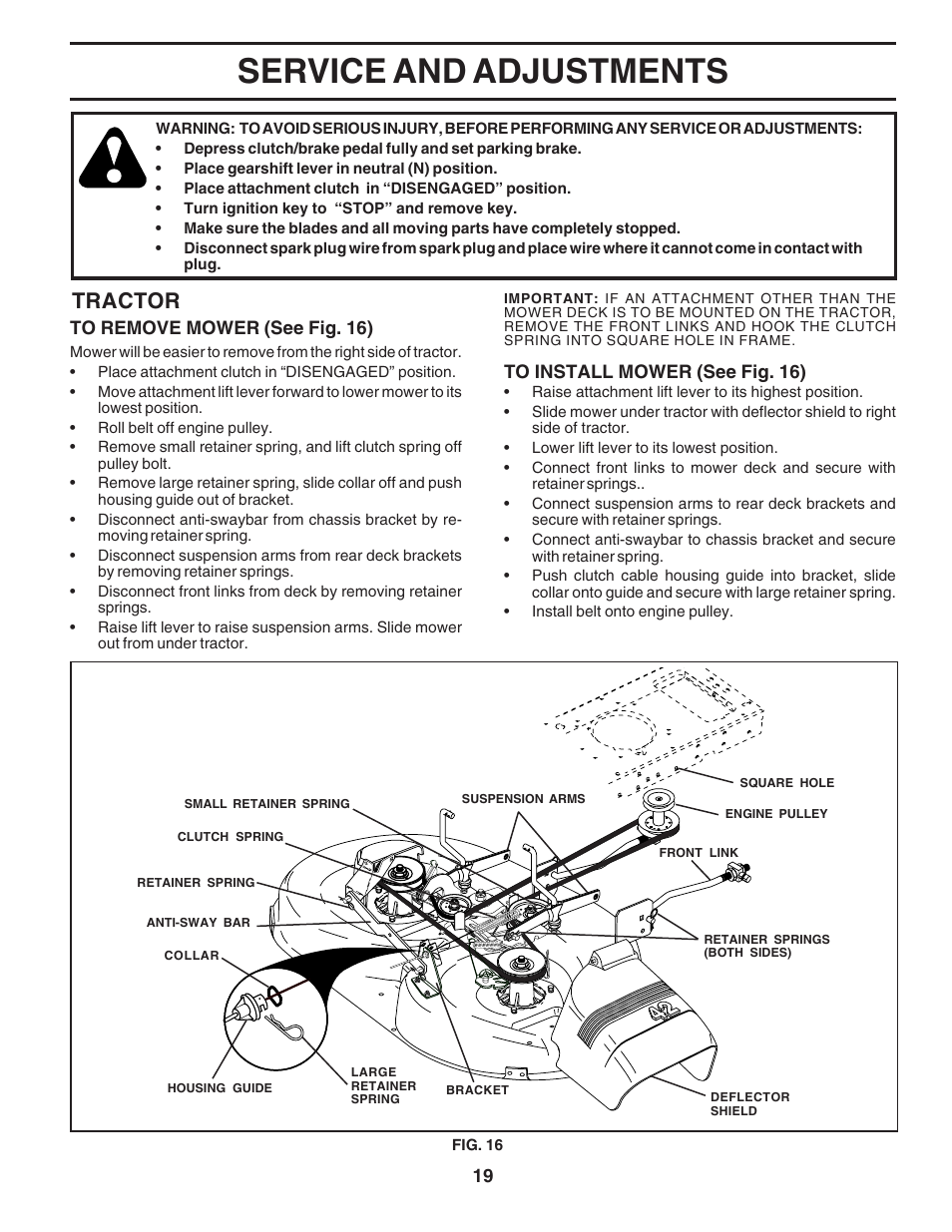 Service and adjustments, Tractor | Poulan 181377 User Manual | Page 19 / 48