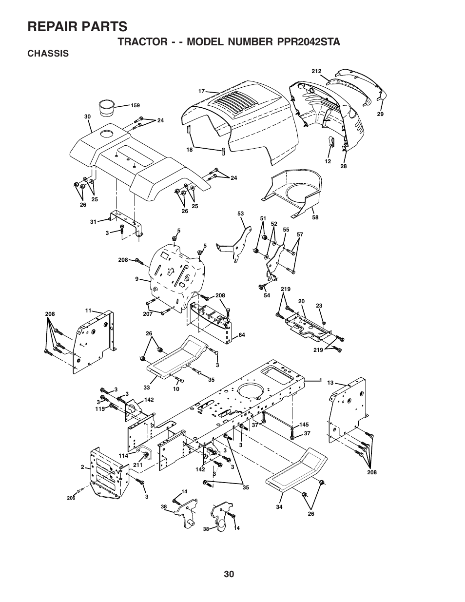 Repair parts, Tractor - - model number ppr2042sta, Chassis | Poulan 181377 User Manual | Page 30 / 48
