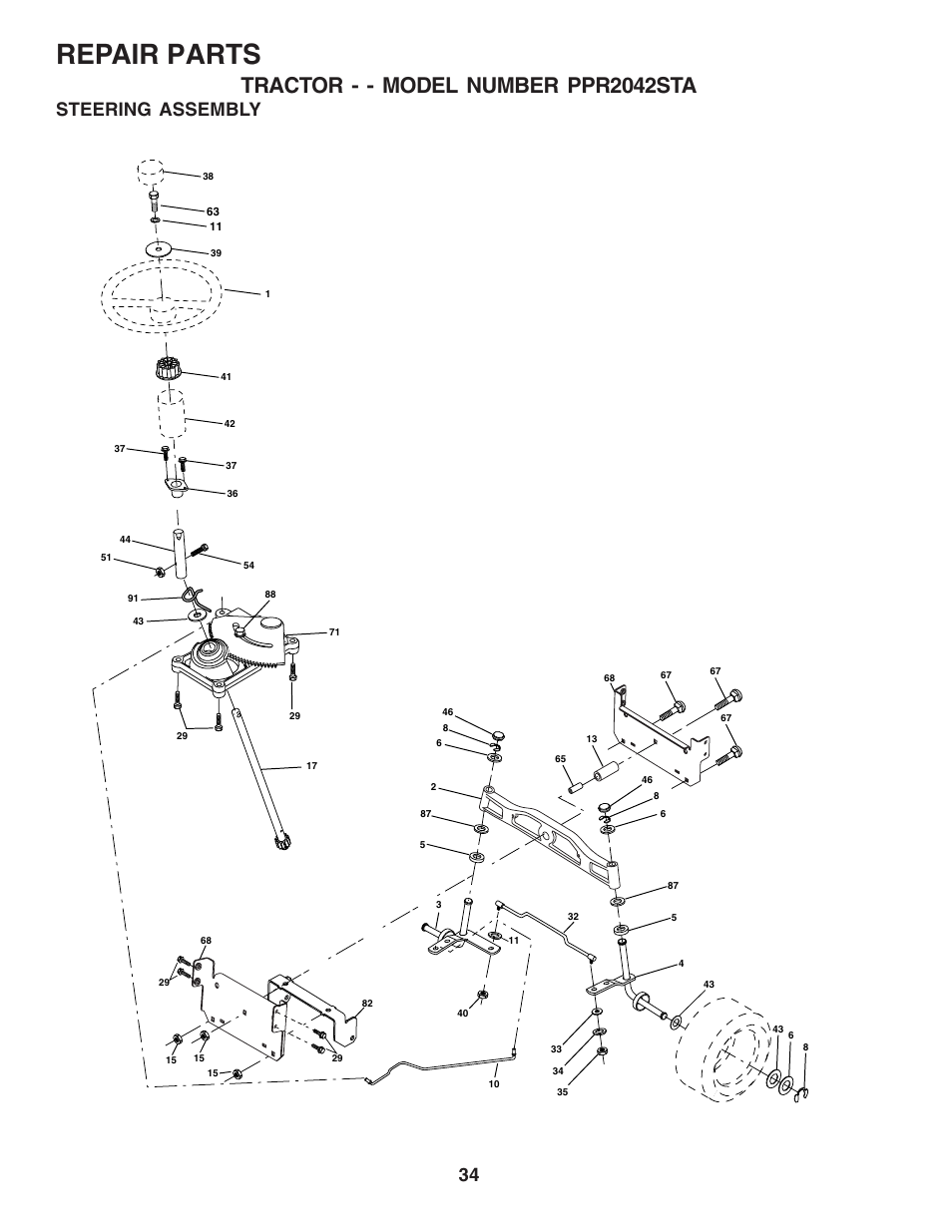Repair parts, Tractor - - model number ppr2042sta, Steering assembly | Poulan 181377 User Manual | Page 34 / 48