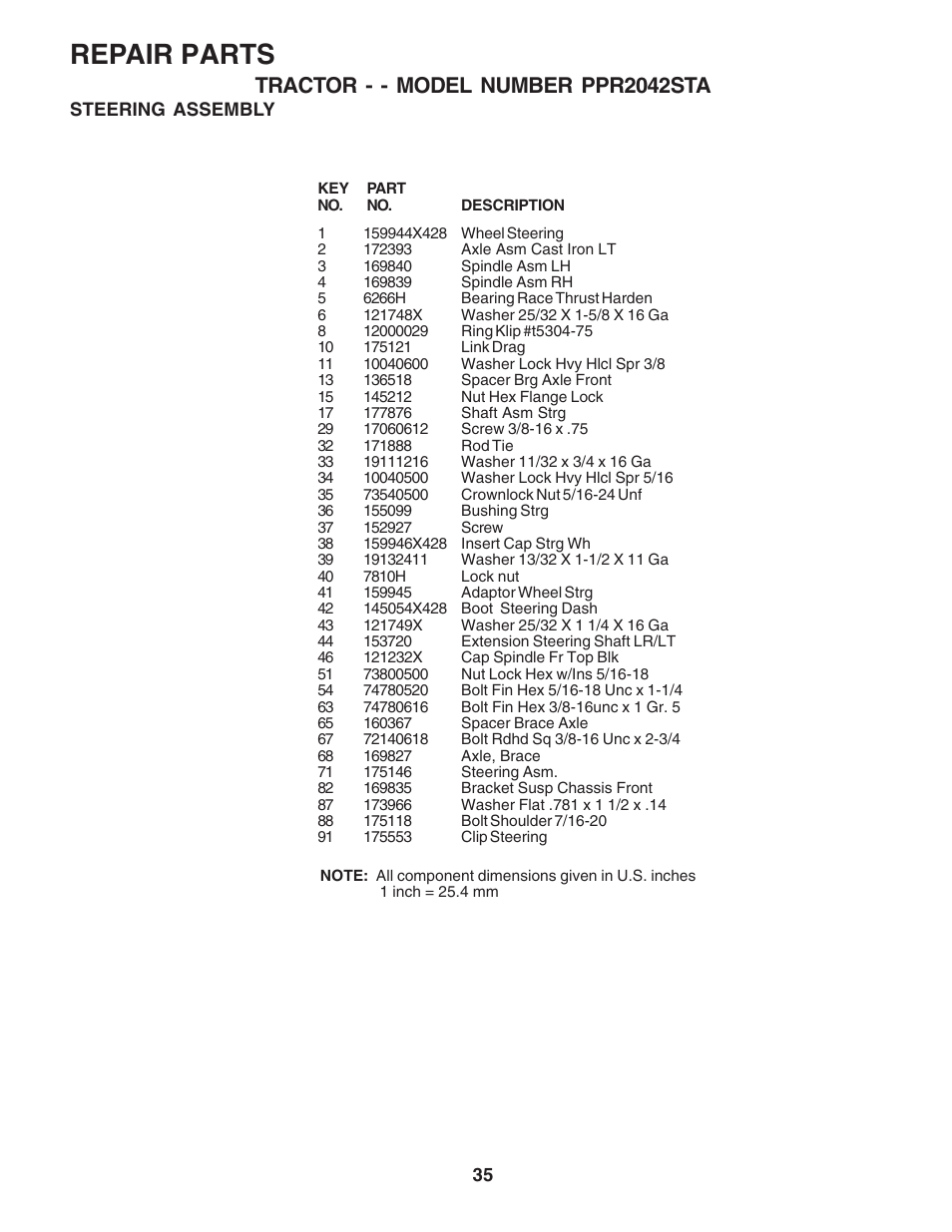 Repair parts, Tractor - - model number ppr2042sta | Poulan 181377 User Manual | Page 35 / 48